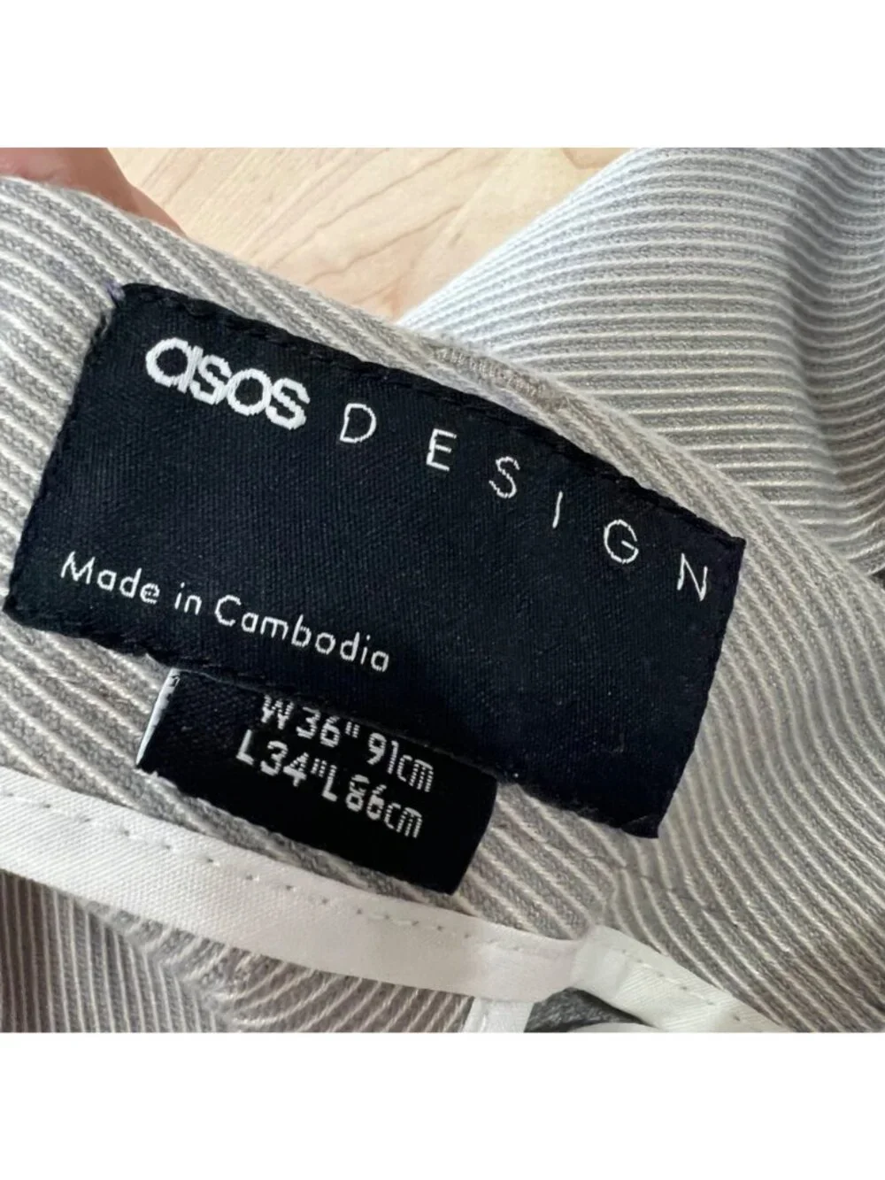 Asos Design Mens Striped Pleated Trousers Beige Grey Cream Size 36